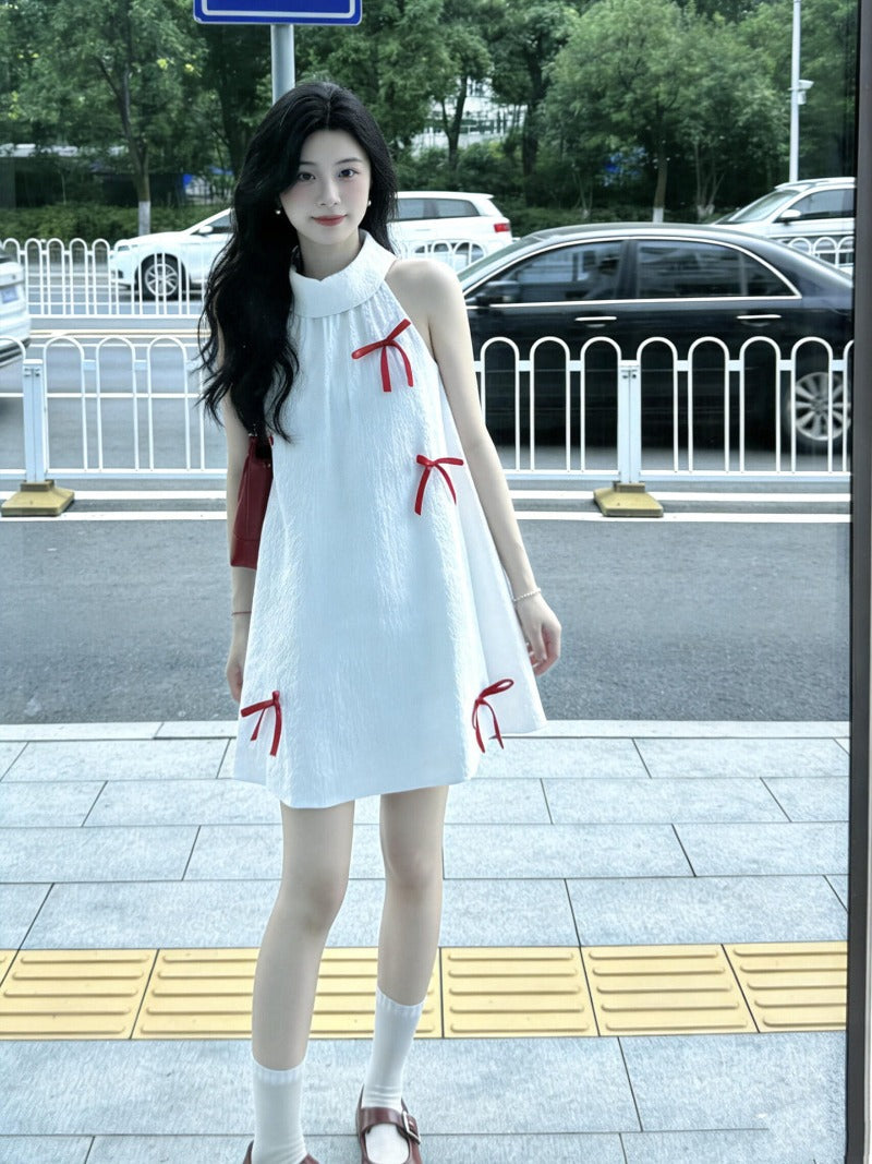 White Bow Halter A-Line Mini Dress