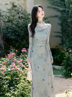 Light Blue Scarf Cowl Neck Bell Sleeve A-Line Maxi Dress