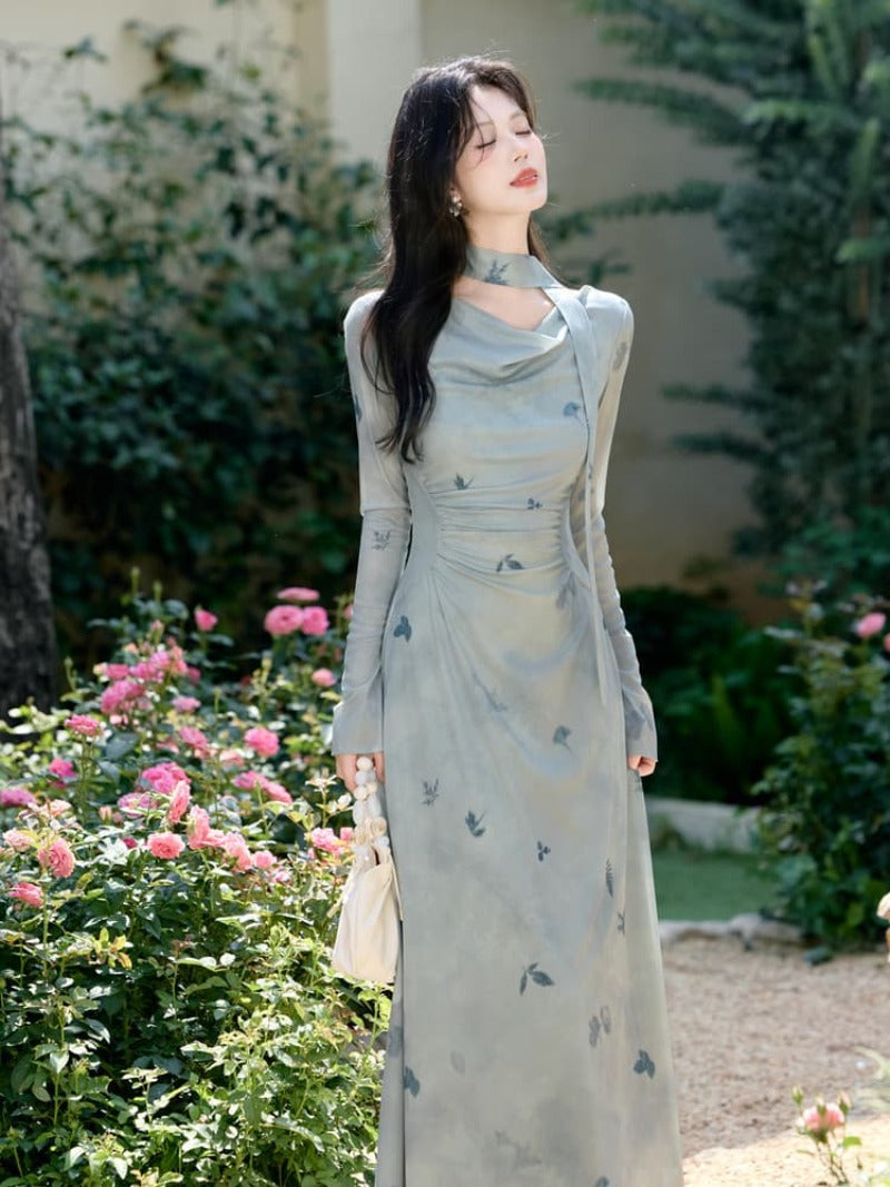 Light Blue Scarf Cowl Neck Bell Sleeve A-Line Maxi Dress