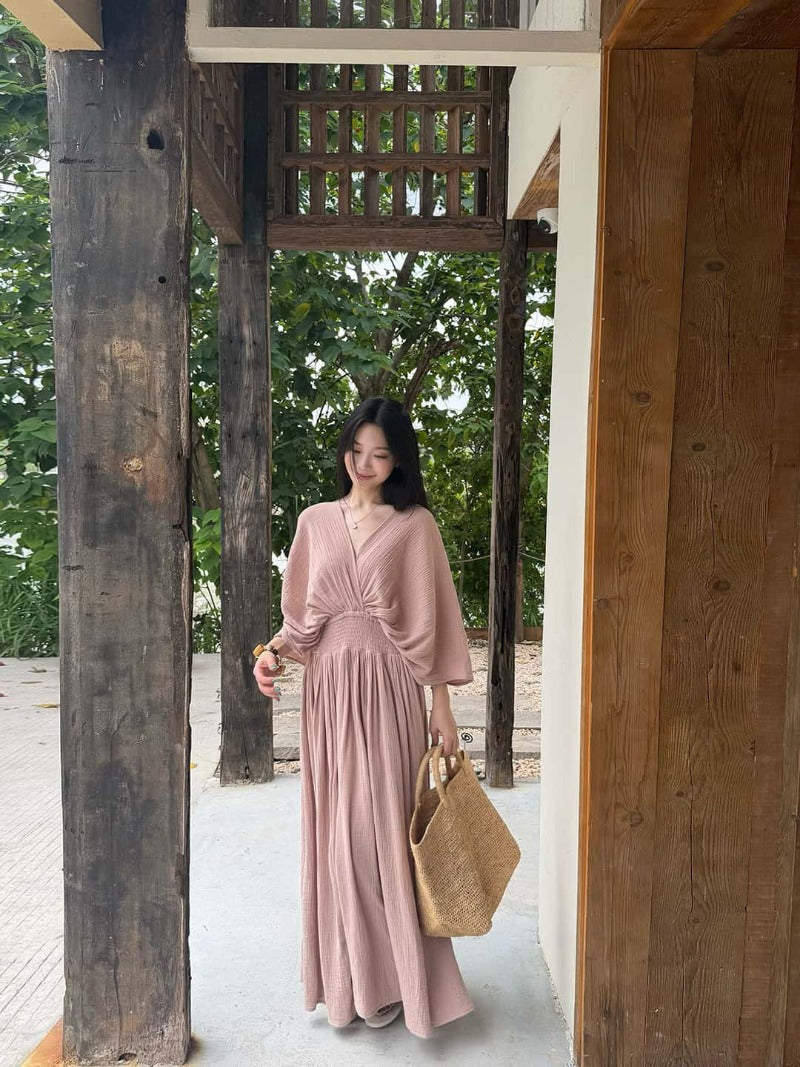Cotton V-Neck Batwing Sleeve Maxi Dress
