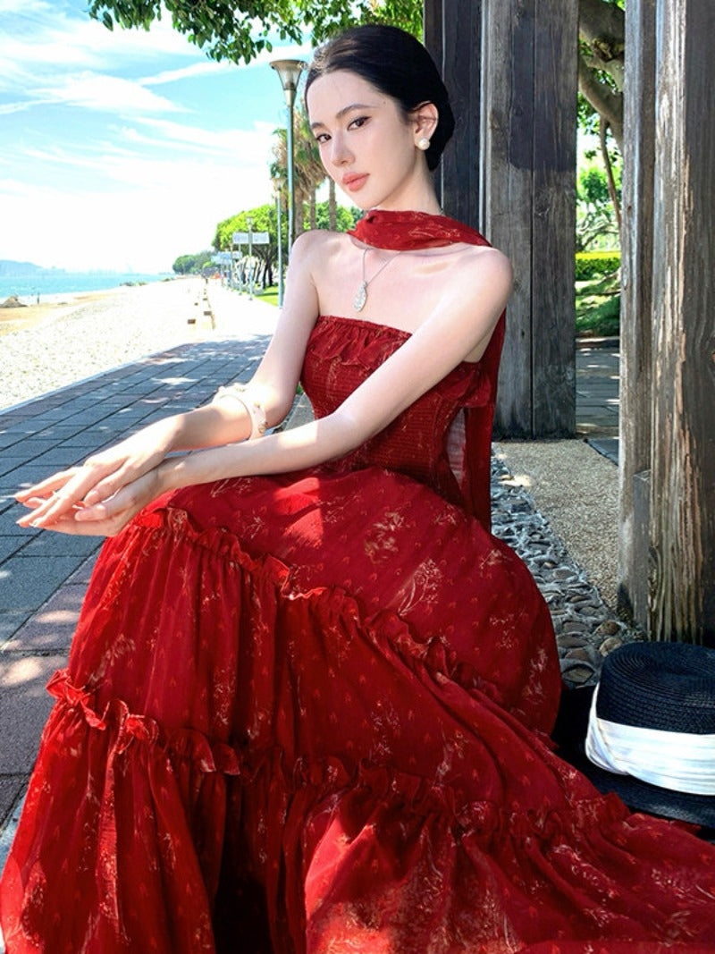 Rose Strapless Floral Ruffle Fit-and-Flare Maxi Dress