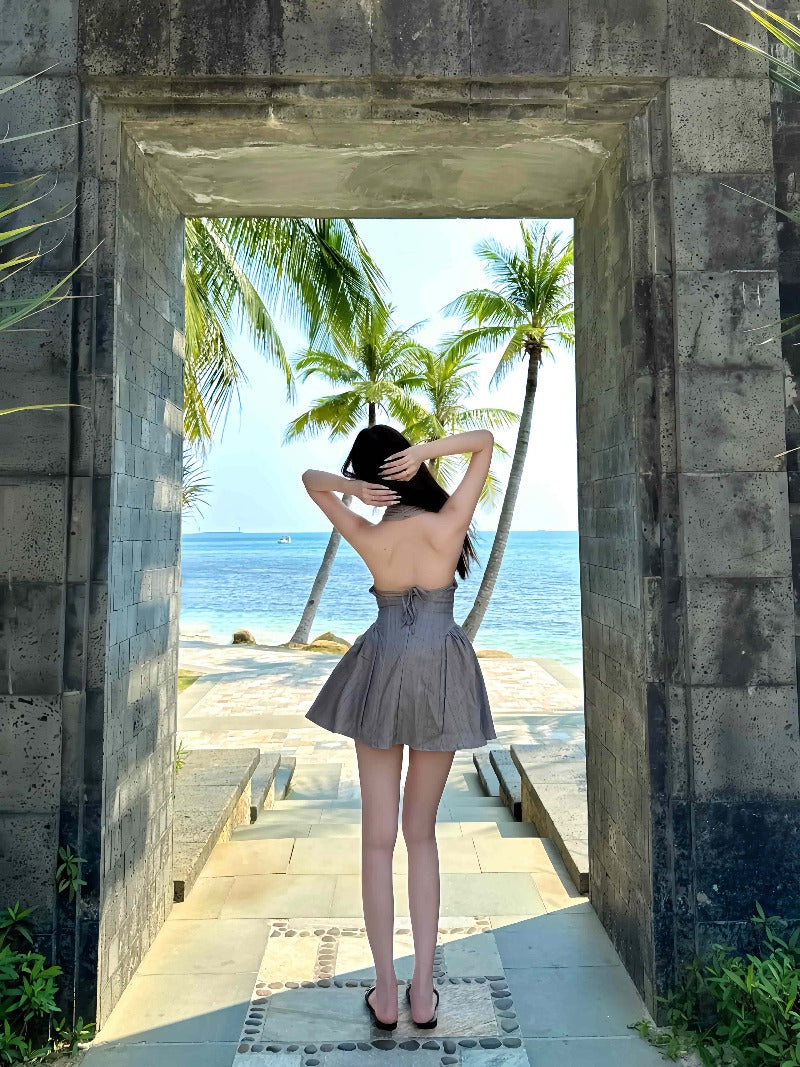 Gray Polka Dot Halter Backless A-Line Mini Dress