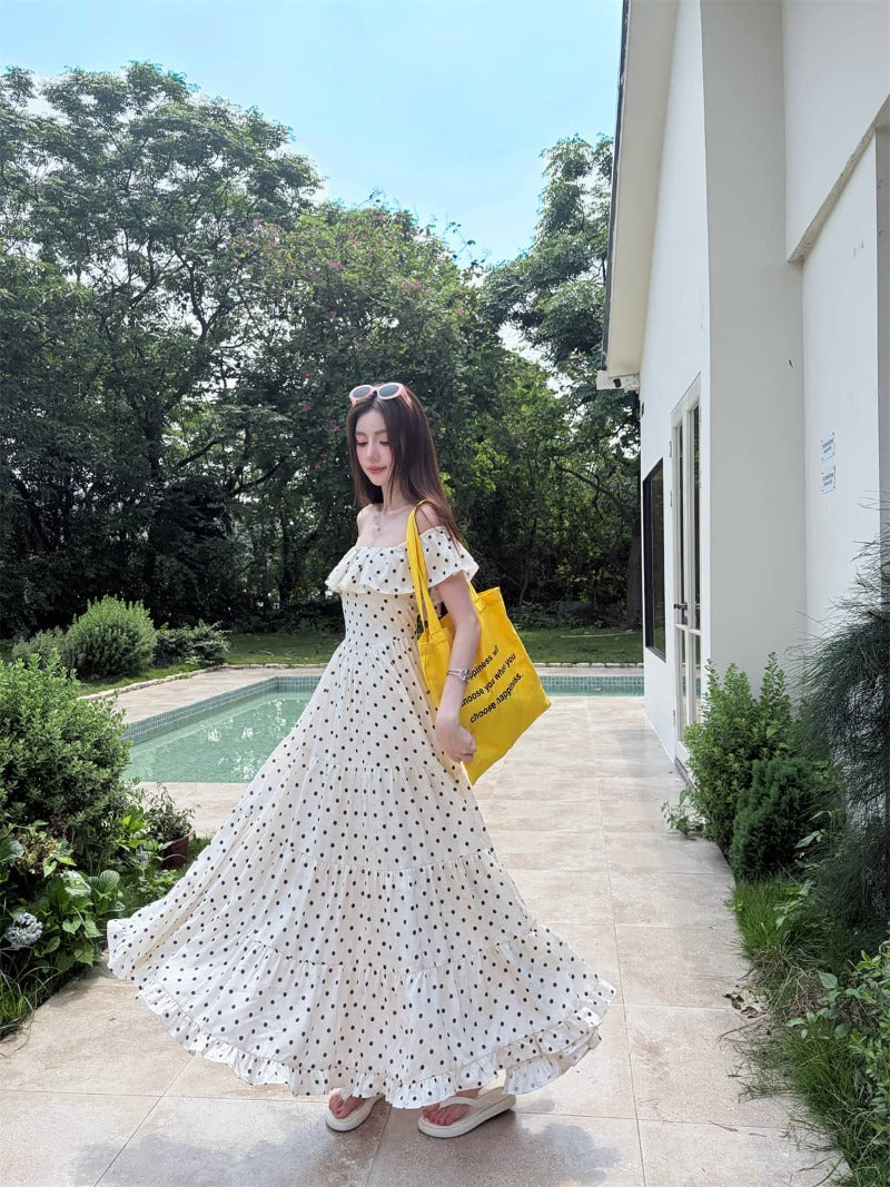 Off-Shoulder Polka Dot Tiered Maxi Dress