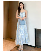 French Style Printed Tie Front Cami A-Line Maxi Dress