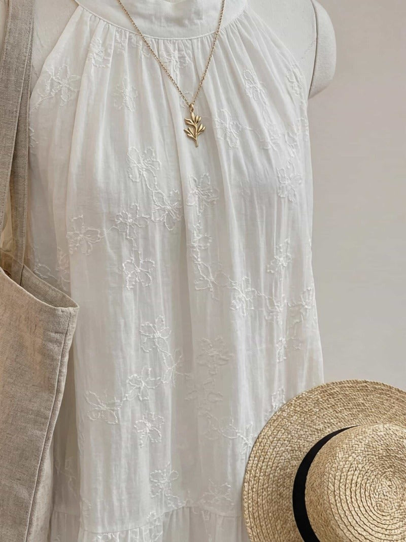 Coastal Ease Ivory Embroidered Halter Tiered Maxi Dress