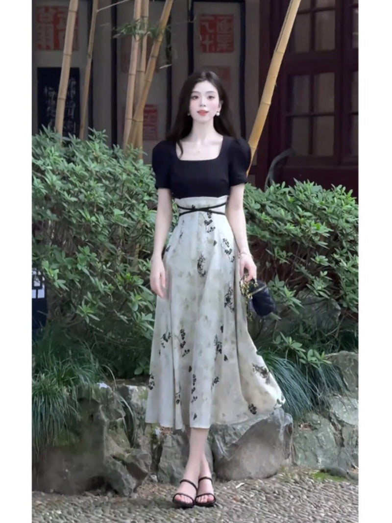 Black Ivory Square Neck Floral A-Line Midi Dress Secondary image