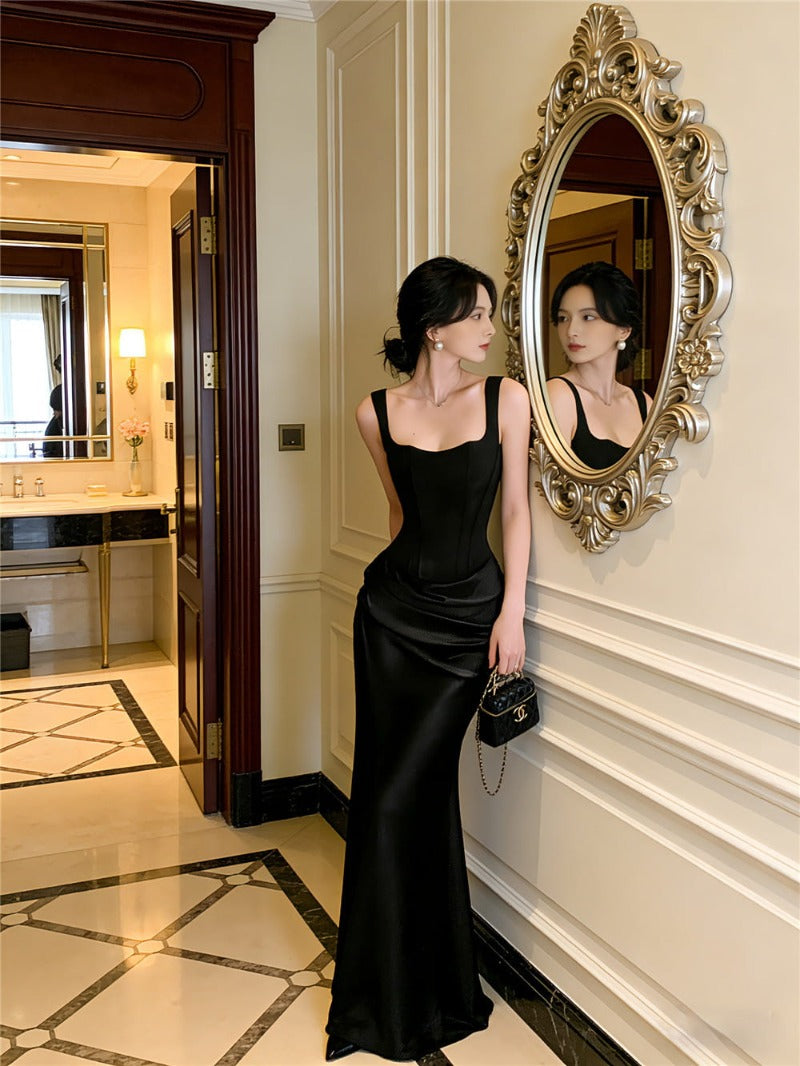 Black Satin Square Neck Fishtail Maxi Dress Main image