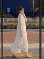 Coastal Ease Ivory Embroidered Halter Tiered Maxi Dress