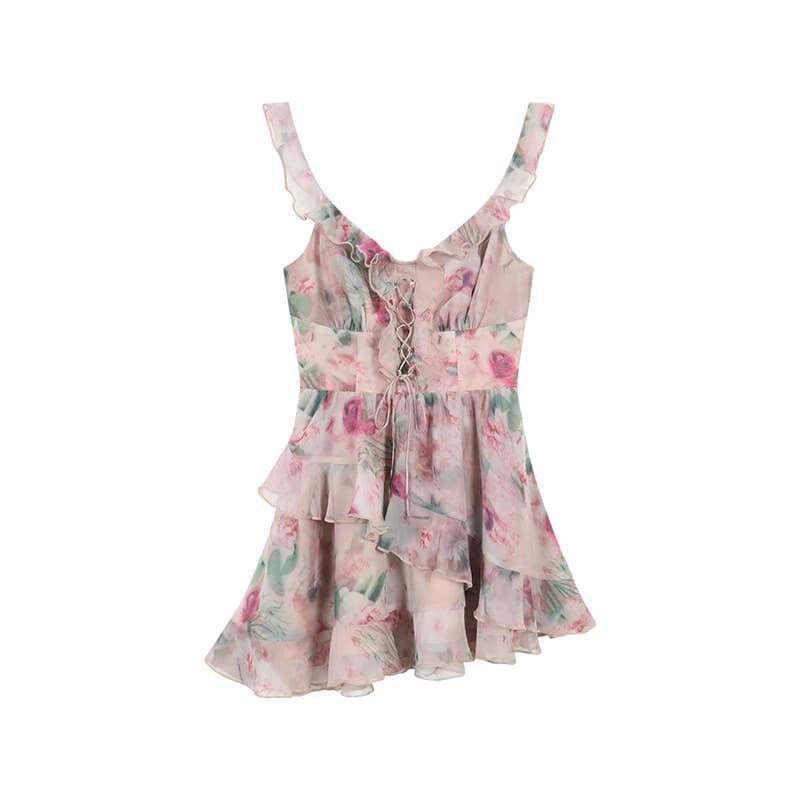 Floral Ruffle Strap Lace Up Fit And Flare Mini Dress