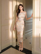 Beige Floral Off Shoulder Ruched Bodycon Midi Dress