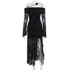 Black Floral Off Shoulder Long Sleeve Slit Maxi Dress