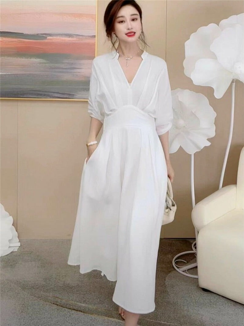 White V-Neck Pleated A-Line Maxi Dress