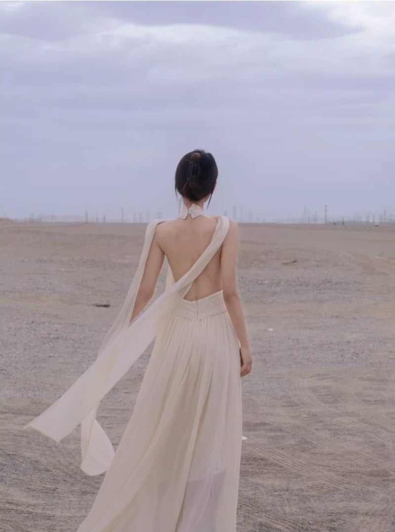 Desert Goddess Apricot Scarf Halter Backless Maxi Dress