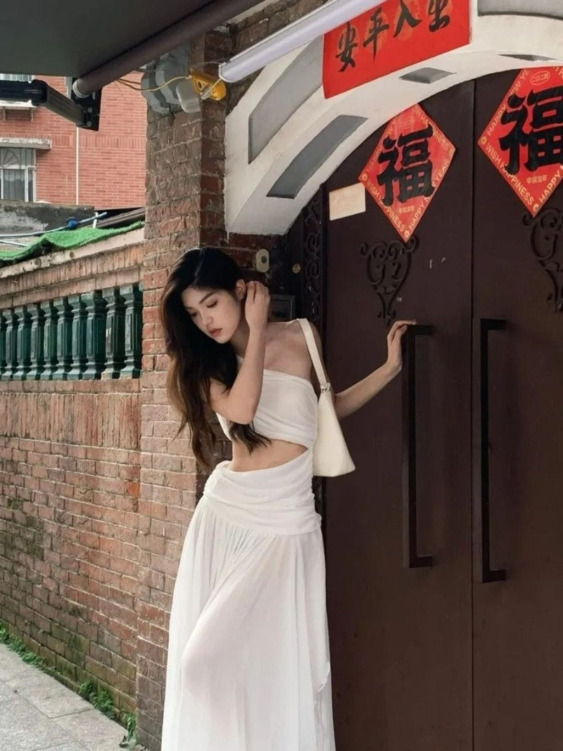 Coastal Muse White Cutout One Shoulder Maxi Dress