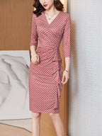 Red Print V Neck Ruched Sheath Midi Dress