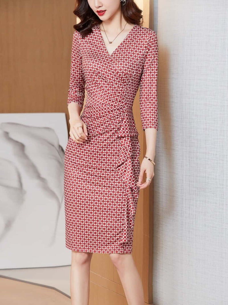 Red Print V Neck Ruched Sheath Midi Dress