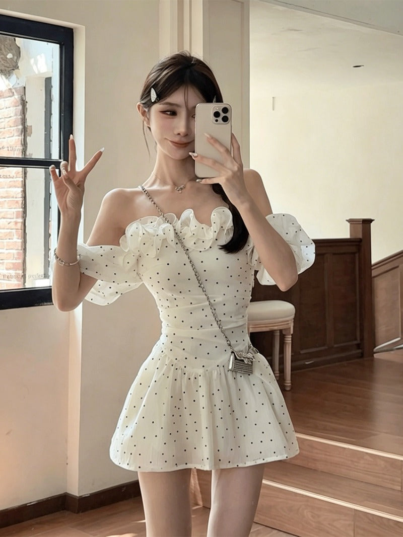 White Polka Dot Off Shoulder Ruffle A-Line Mini Dress
