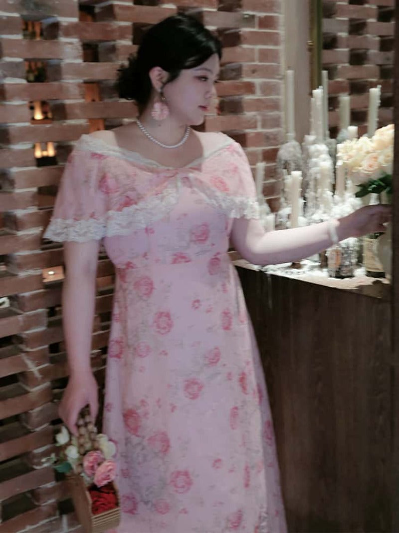 Plus Size Floral Ruffle Trim Off Shoulder Midi Dress