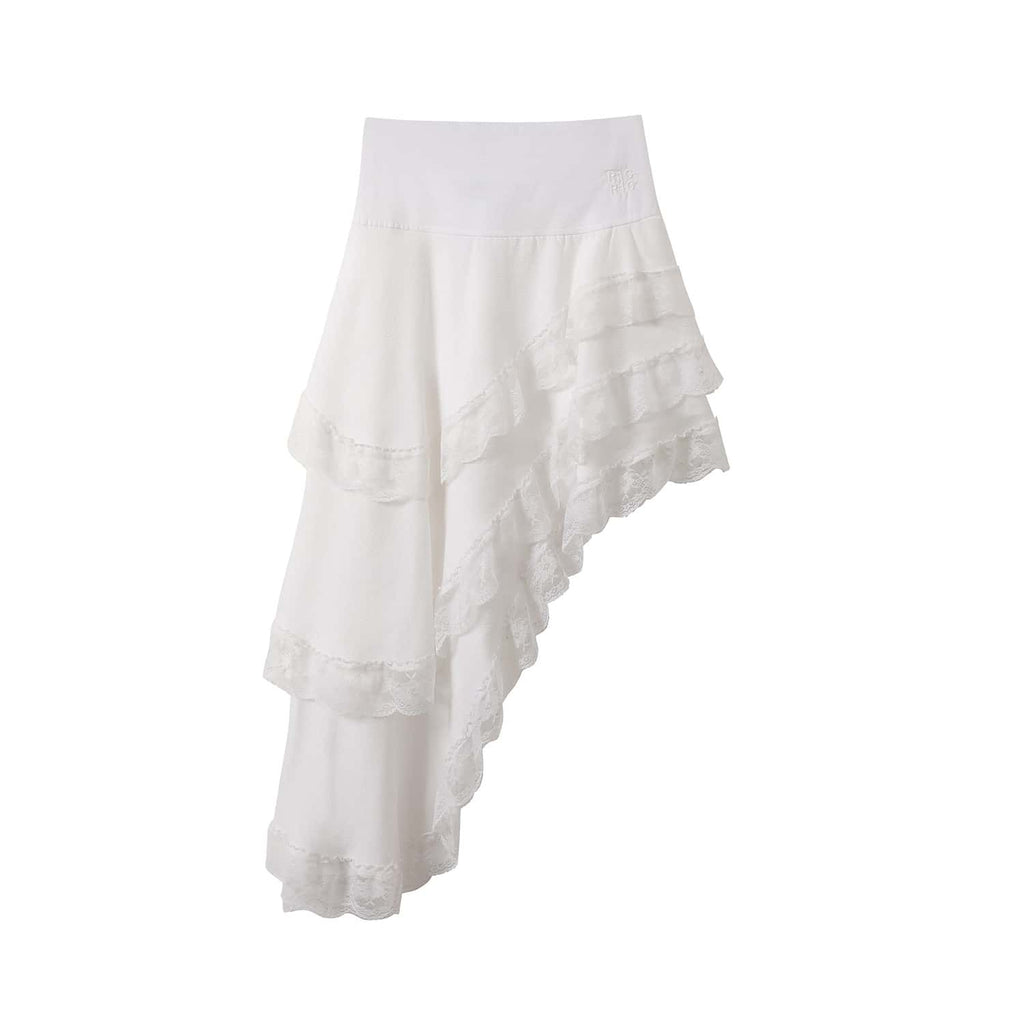 White Lace Trim Asymmetric Tiered Dress And Skirt