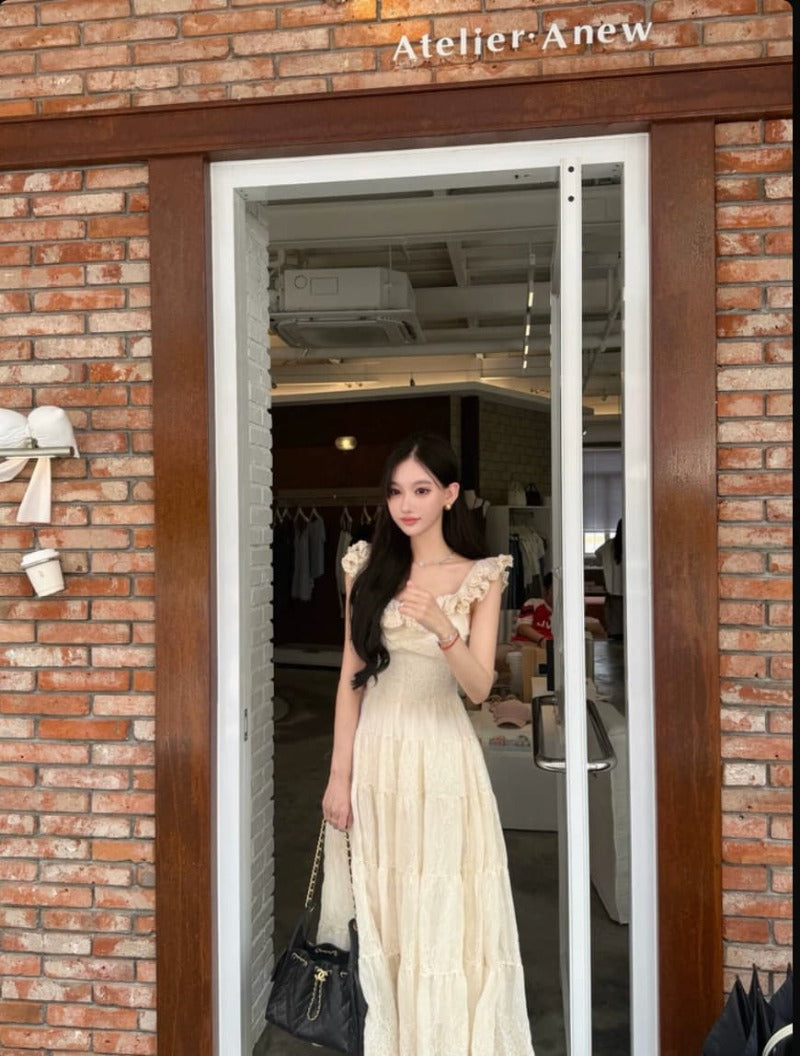 Ivory Ruffle Neck Embroidered Tiered Maxi Dress