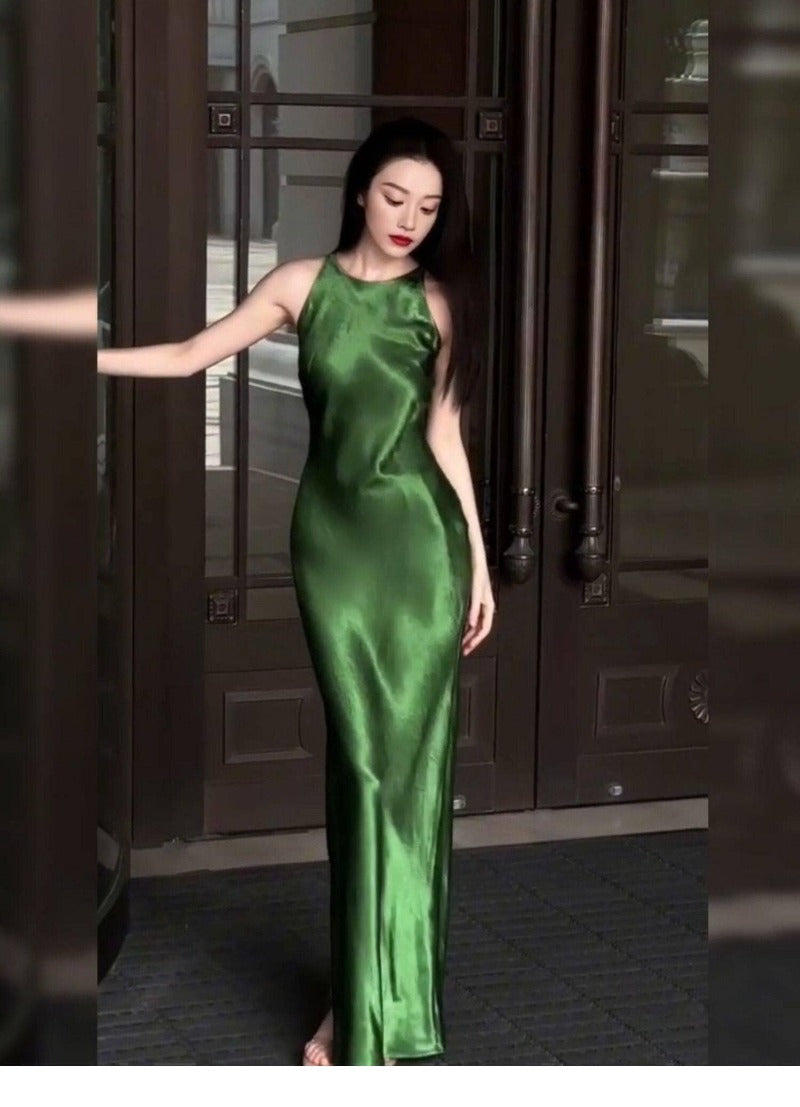 Green Satin Sleeveless Side Slit Bodycon Maxi Dress
