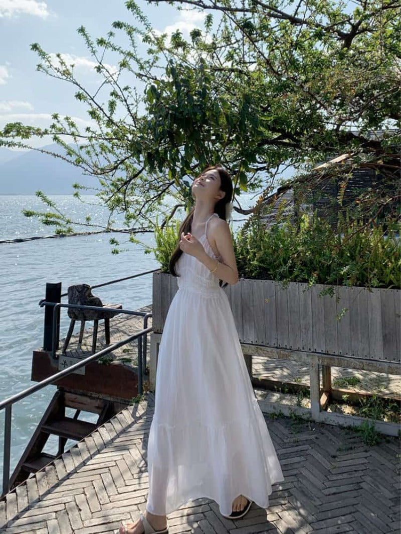 Lace Back Halter A-Line Maxi Dress