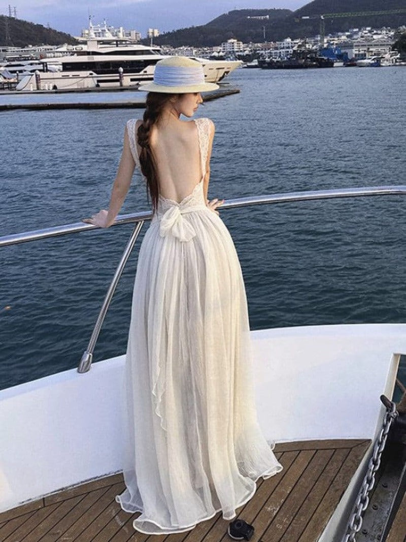 Ivory Lace Trim Backless Tie Back A-Line Maxi Dress