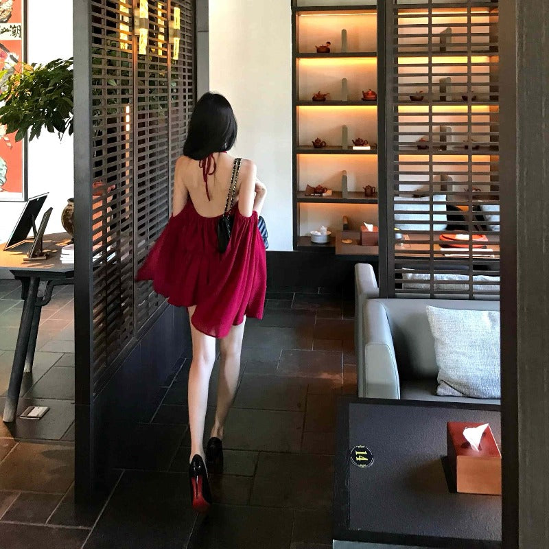 Red Off-Shoulder Draped Chiffon Mini Dress