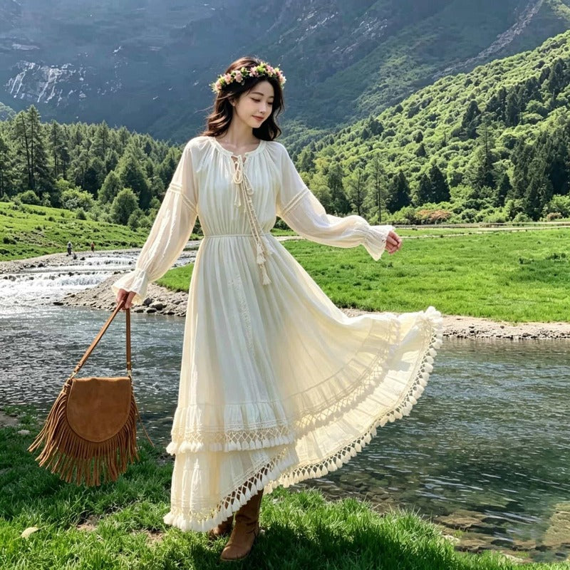 Ivory V Neck Tassel Trim Long Sleeve A-Line Midi Dress