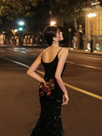 Black Sequin V Neck Fishtail Maxi Dress