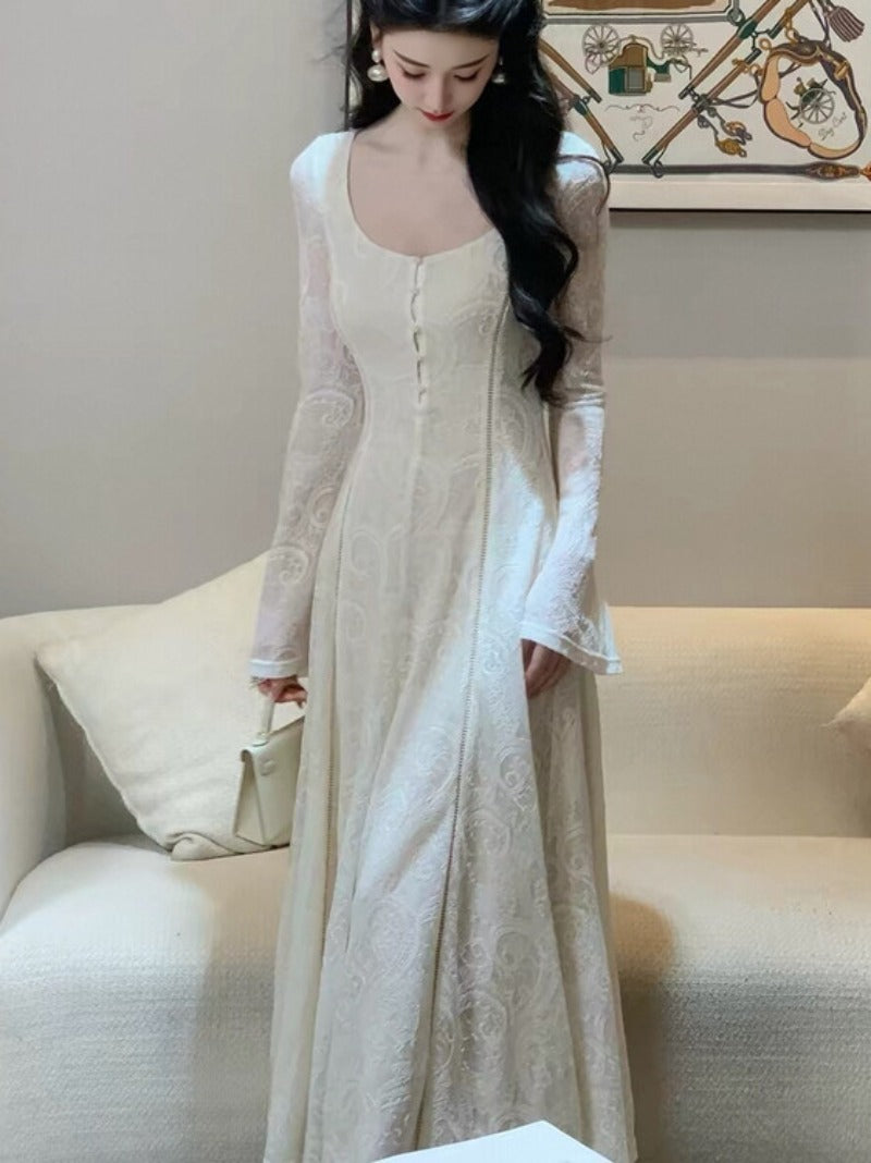 Ivory Romance Square Neck Lace Fit-and-Flare Maxi Dress