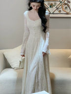 Ivory Romance Square Neck Lace Fit-and-Flare Maxi Dress