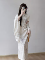 Ivory Floral Jacquard Mandarin Collar Sheath Maxi Dress