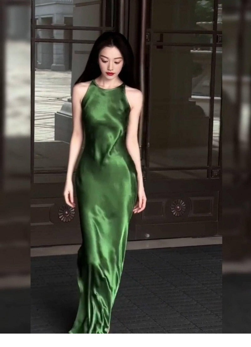 Green Satin Sleeveless Side Slit Bodycon Maxi Dress