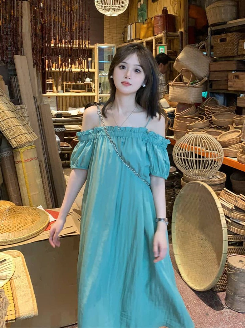 Turquoise Off-Shoulder Pleated Shift Maxi Dress