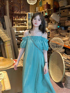 Turquoise Off-Shoulder Pleated Shift Maxi Dress