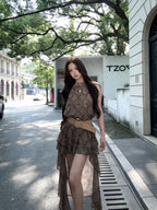 Desert Muse Brown Snake Print High-Low Halter Dress