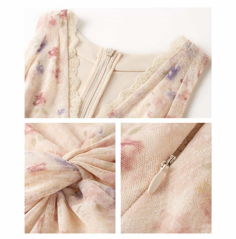 Apricot Pink Floral V Neck Ruched Maxi Dress