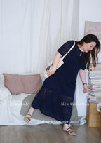 Plus Size Round Neck Short Sleeve Sheer Lace French Style Maxi Dress