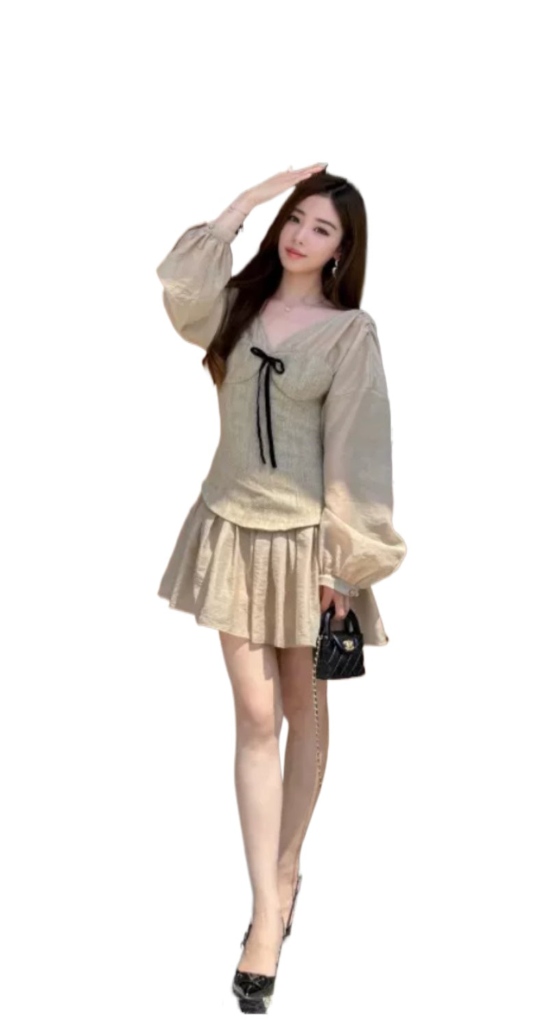 Mocha Muse V Neck Bow Corset Fit-and-Flare Mini Dress