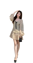 Mocha Muse V Neck Bow Corset Fit-and-Flare Mini Dress