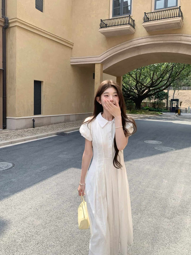 White Collared Button Front Waist Maxi Dress
