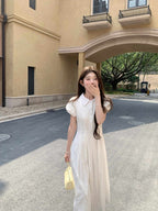 White Collared Button Front Waist Maxi Dress