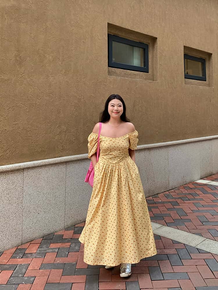 Yellow Floral Off Shoulder Puff Sleeve A-Line Maxi Dress