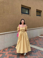 Yellow Floral Off Shoulder Puff Sleeve A-Line Maxi Dress