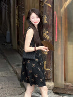 Black Butterfly Print Silk Organza Sleeveless Midi Dress