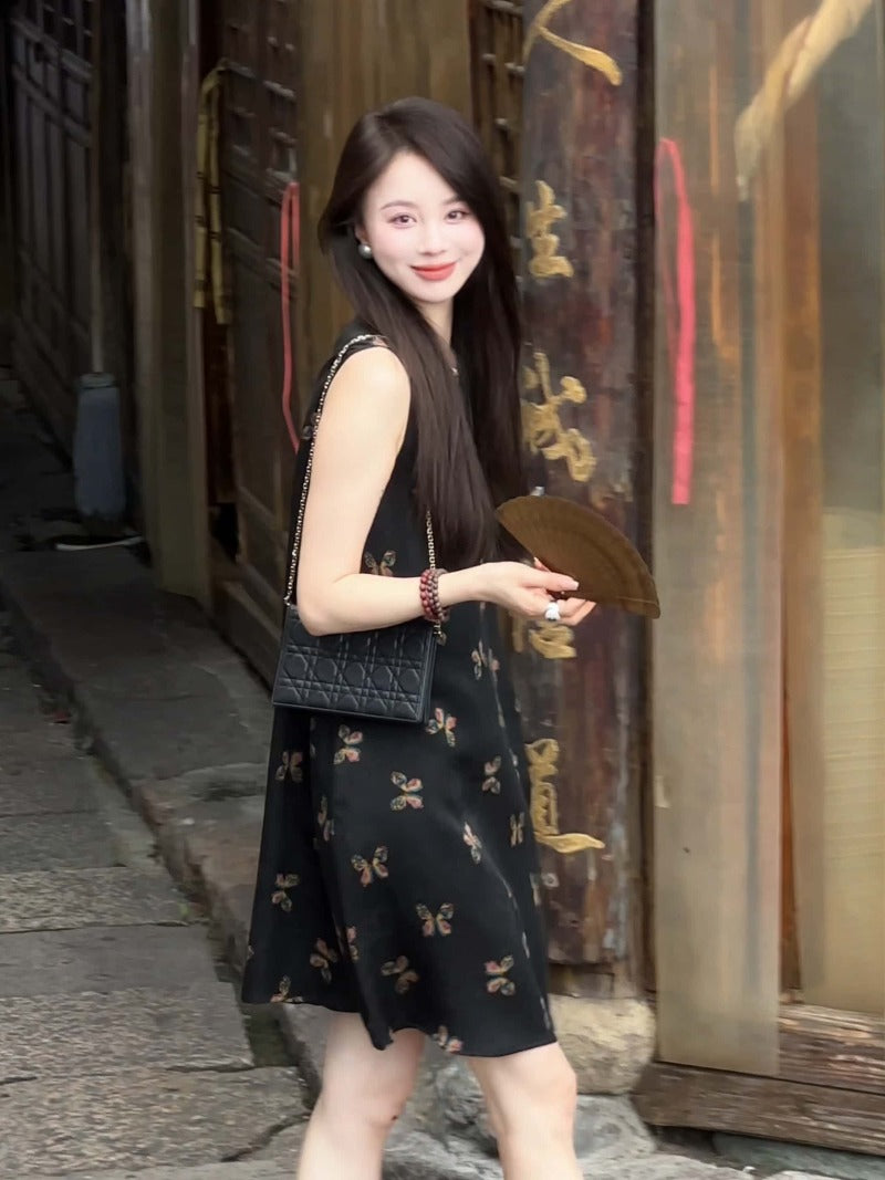 Black Butterfly Print Silk Organza Sleeveless Midi Dress
