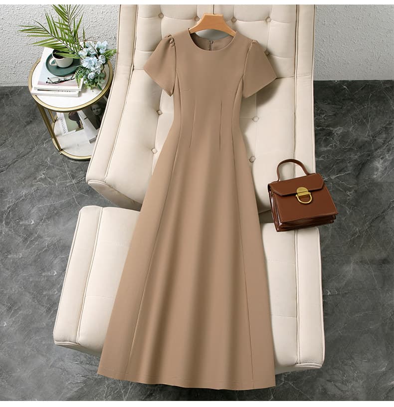Round Neck Short Sleeve High Waist A-Line Maxi Dress
