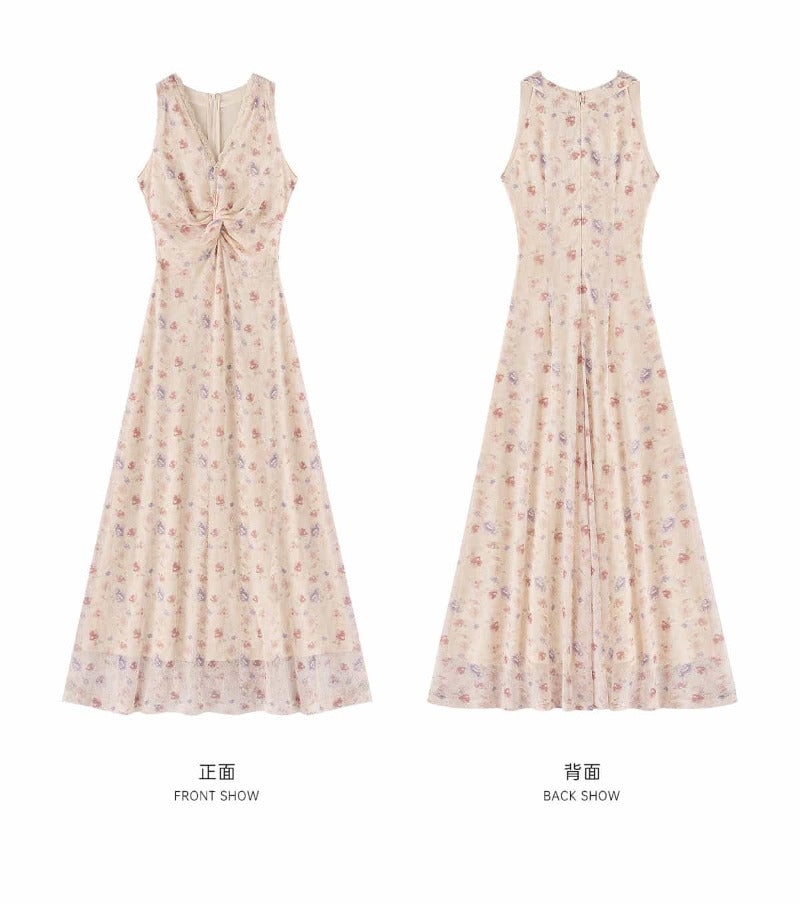 Apricot Pink Floral V Neck Ruched Maxi Dress