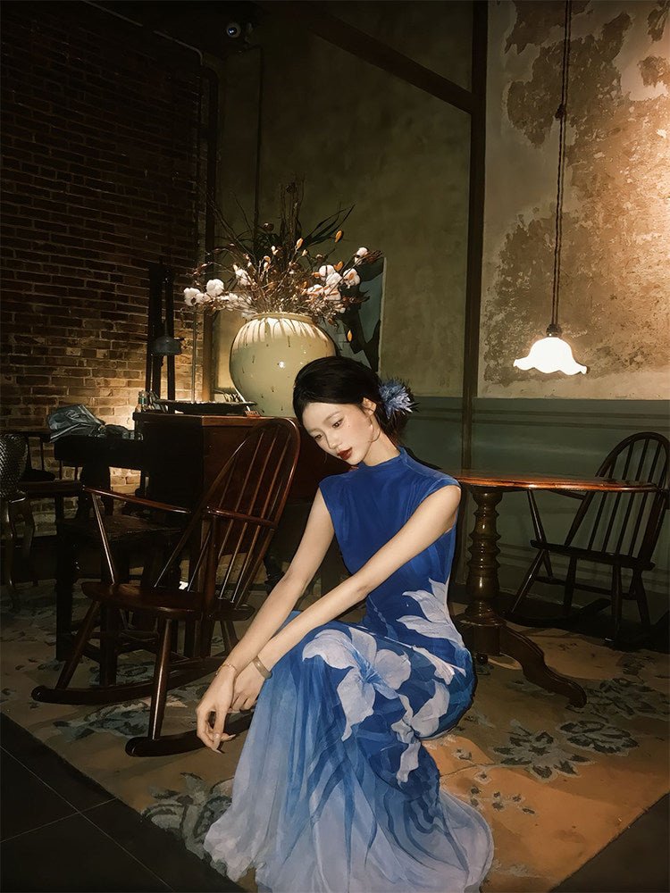 Elegant Stand Collar Floral Print Maxi Dress - EveningVerse - 2